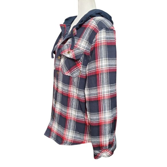 Legendary Outfitters Flannel Shirt Jacket Mens Size Small Red Plaid Print Hooded - Picture 3 of 12
